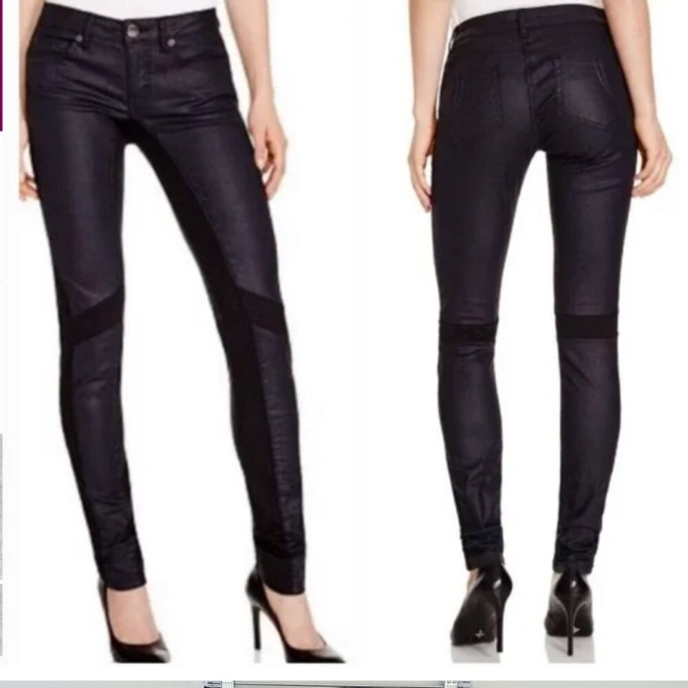 Maje Darpo waxed skinny paneled jeans black
